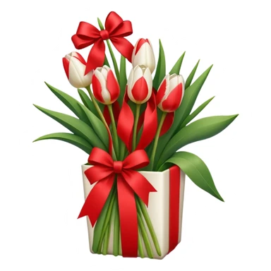 White tulips in case, with a red ribbon sticker