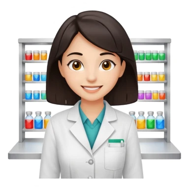 smiling girl pharmacist with dark hair and dark eyes, standing behind a counter, sunny sparkling expression sticker