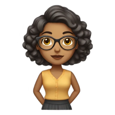 Indian woman with wavy hair wearing glasses and a small folded skirt sticker