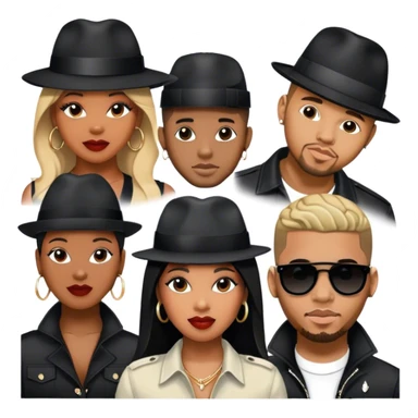 Icon for R&B Music: collage of R&B artists—Victoria Monét, Summer Walker, Usher, Chris Brown, and Muni Long. Each represented by a silhouette or symbolic item like a microphone, fedora, or music notes, reflecting the soul and energy of R&B. Transparent background. sticker