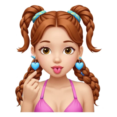 A cute ukrainian girl, looks slightly malaisain with full lips and long auburn hair in two plaited ponytails, has heart earrings in yellow and blue, and is wearing her pink bikini, she is blowing a kiss. sticker