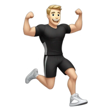 Joyful Celebrating victory Pale skinned Fit Man With the biceps and dark brown hair in black shirt, gray sports shorts and white Sneakers sticker