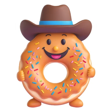 smiling doughnut wearing a cowboy hat, fun emoji style sticker