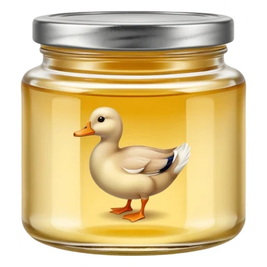 small squat glass jar of pale yellow duck fat with a metal lid, creamy layer visible, no label or extras, soft lighting, subtle shadows, emoji scale sticker