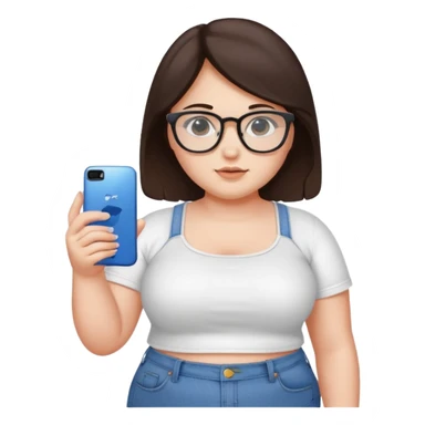 chica adolescente gordita ,pelo castaño oscuro,crop top blanco ,jeans vaqueros, espejuelos y un celular samsumg en su mano izquierda  sticker
