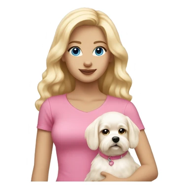Girl with light skin, blonde waves hair,blue eyes , wearing in pink top.  hold on Maltese dog sticker