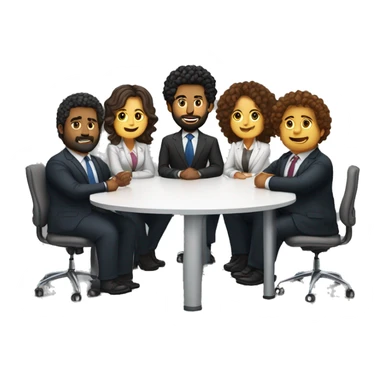 work meeting table 3 men and 4 women sitting on a table wearing suits the women have curly hair and one of the men is fat with a beard and of them is tanned with curly hair sticker