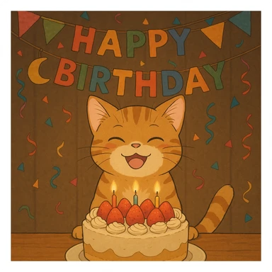 ginger tabby kitten with birthday cake, festive decorations, happy expression, ghibli style birthday scene sticker