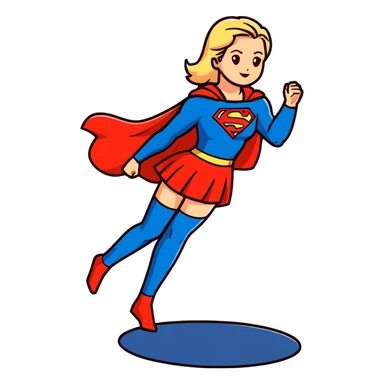 Supergirl in classic costume, full body view showing blue tights, red skirt, and cape with S symbol sticker