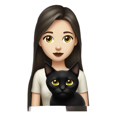 A teenage girl with white skin, she have some green hazel eyes, red lipstick, long straight dark brown hair, she have an eyeliner and she is holding a black cat that have some yellow eyes , view from close sticker