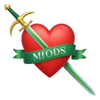 a red heart pierced by a green sword, with the text 'MODS' on a white ribbon sticker
