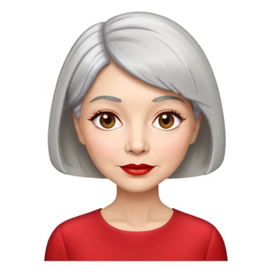 Elegant senior woman with silver-gray bob haircut, light skin, almond-shaped hazel eyes, red lipstick, wearing a red blouse, sophisticated expression sticker