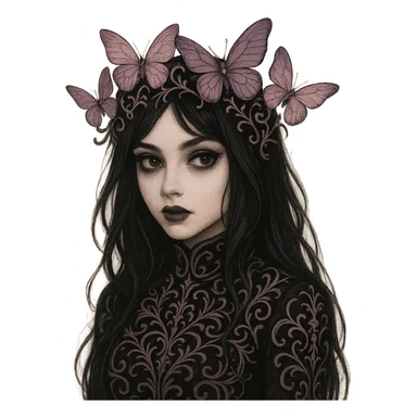 elegant emo girl, gothic filigree, butterfly crown in matte pink and purple, dark hair, mysterious vibe sticker