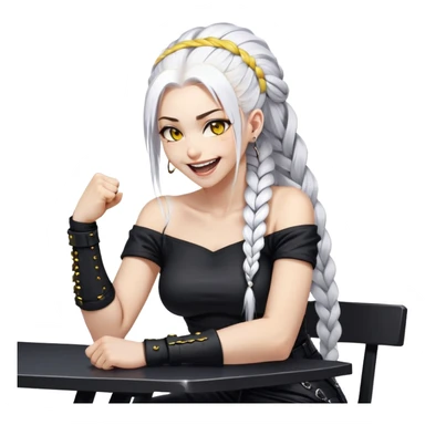 ghibli style, she is laughing outrageously and pounding her fist on the table, a closeup portrait of young woman with gold yellow eyes, white hair, long braid, black off-shoulder top, punk gothic style, futuristic cyberwave cyberpunk, sitting position
 sticker