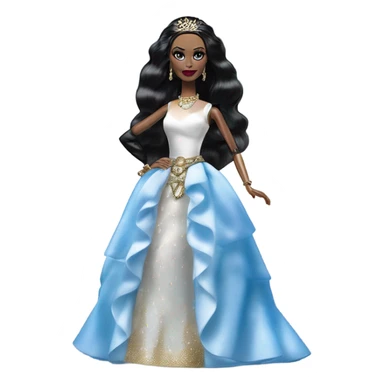 Tall realistic face teen Morticia Addams’s in as Princess Leia Barbie in ruffled pearl-white and blue informal ball gown with gold accents and accessories  sticker