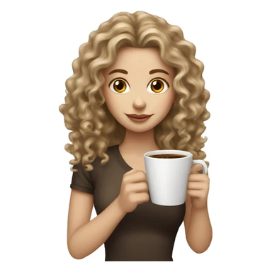 A white girl with darkblonde long curly hair holding a cup of coffee sticker