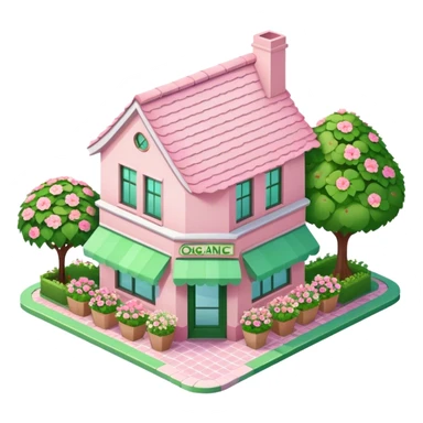 Organic juice shop, light pink and green and decorated with lots of florals, isometric exterior view, pitched roof with pink tiles sticker