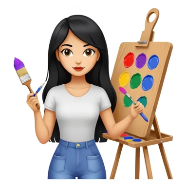 painting, easel, master piece, artist, long black hair tanned woman, paint pallet colors and paint brush, sexy sticker