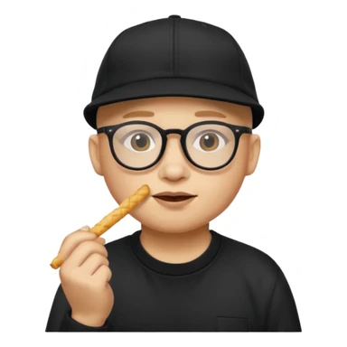 num num eatting hashbrown sticks with a plain black cap and glasses no hair sticker