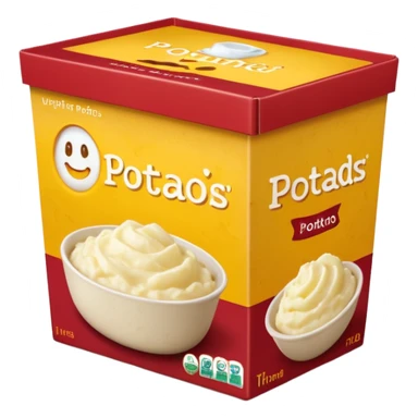 rectangular cardboard box upright slightly thick warm yellow and red tones front illustration smooth creamy mashed potatoes no branding subtle potato imagery natural cues no bowl plate sachets visible closed box soft lighting subtle shadows transparent background emoji scale sticker