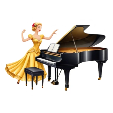 A vintage movie poster-style design featuring musical notes, a shining spotlight, and performers in glamorous costumes. Include elements like a dancing couple, a grand piano, and colorful stage lights. Retro cinematic flair with a lively and joyful atmosphere. Transparent background. sticker