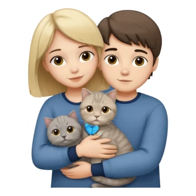 Blonde girl and brunette boy hugging a grey scottish fold cat sticker