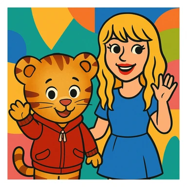 Daniel Tiger and Taylor Swift together, vibrant toon style, smiling and waving sticker