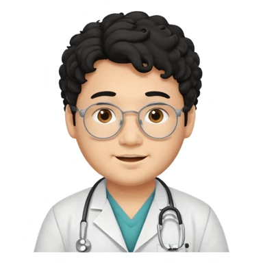 a young asian chubby male doctor with black long curly hair and cheerful face without gpasses sticker