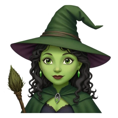 elphaba the wicked witch from wicked movie (cynthia erivo) dark long curly hair, thick lips, wide nose, green skins, witch hat, witch broom, evil, wicked musical film, smirk sticker
