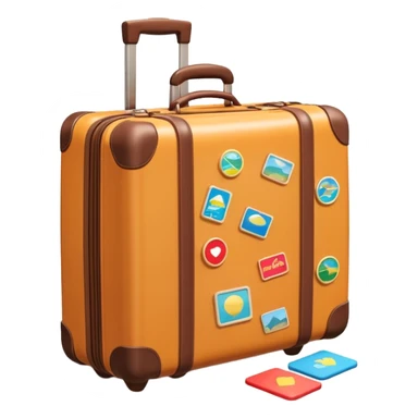A 3D cartoon suitcase placed on the ground with travel stickers, soft sunlight, warm tone, realistic Memoji-style design. sticker