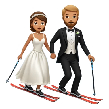 a couple skiing, man with a beard in a tux and woman in a wedding dress on their skiis going down a slope sticker