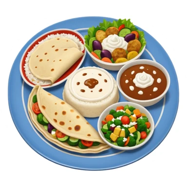 dinner plate , rice , bowl of  gravy , roti , veggies , curd , salad    sticker