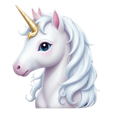 Cinematic Cute White Unicorn Portrait Emoji, Head tilted playfully and inquisitively, featuring a charming, petite form with a silky white color, a delicately flowing mane and tail, and a tiny, sparkling horn, with large, dreamy eyes full of wonder, Simplified yet irresistibly adorable features, highly detailed, glowing with a warm, enchanting glow, high shine, affectionate and lively, stylized with a touch of fairy-tale whimsy, soft glowing outline, capturing the essence of a mischievous yet endearing white unicorn that seems as if it could gallop out of the screen into your heart! sticker