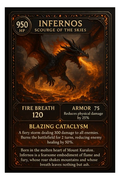 Make an epic role-playing card featuring a legendary fire-breathing dragon named Infernos, Scourge of the Skies. The card should display its stats: 950 HP, 120 fire power, and 75 armor that reduces physical damage by 25%. Highlight its special ability, Blazing Cataclysm—a fiery storm that deals 300 damage to all enemies and burns the battlefield for 2 turns, reducing enemy healing by 50%. The design should be ornate and collectible, with glowing ember accents, ancient dragon runes, and a dramatic illustration of Infernos flying over a scorched battlefield with molten lava and smoke. Add a lore-rich description: “Born in the molten heart of Mount Kuralon, Infernos is a fearsome embodiment of flame and fury, whose roar shakes mountains and whose breath leaves nothing but ash sticker