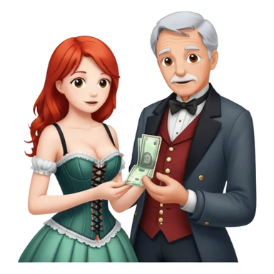 Kind elderly grandfather with gray hair giving money to a, pretty, corset, modern, red head young woman who needs financial help,  sticker