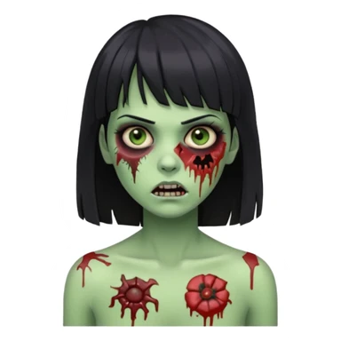 Um zumbi feminino, com cabelo preto e franja, machucados pelo rosto e torso, fundo escuro destacando o rosto com sombras pele verde sticker