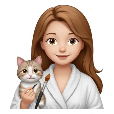 A image of a girl with light long brown hair wearing a bathrobe doing her makeup with her chubby grey tabby cat. She is smiling sticker