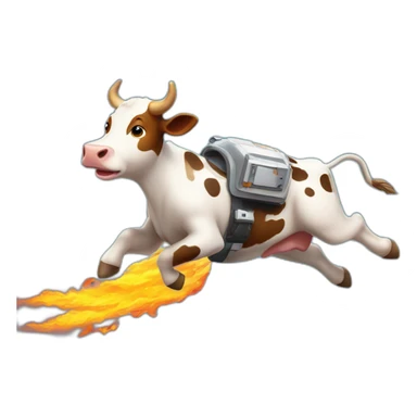 side-on view of cow flying to space while wearing a jetpack that is emitting flames, legs being pushed back by the wind sticker