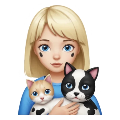 Cute cat black and white stain like a cow in the arms of a blond girl with bangs and blue eyes sticker