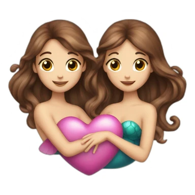 Two brown haired mermaids with their tails making a heart sticker