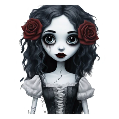 full height tim burton corpse bride, porcelain doll with a cracked face, goth makeup watery eyes, long hair, lace and ruffles, lolita style, inked, black and white, red roses sticker