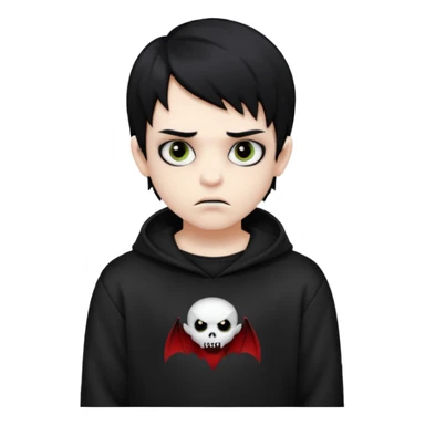Vampire boy with the black emo hair, pale-white skin, black eyes, little fangs and dark circles under his eyes. He has serious face and he wear a black oversize sweatshot sticker