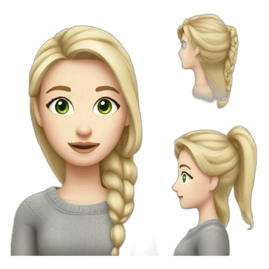 medium blonde girl with page cut, green eyes, long face, pale skin, silver earrings, and a grey sweater sticker