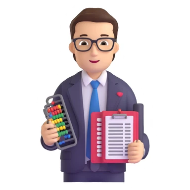 male accountant with tax forms, abacus and spreadsheet sticker