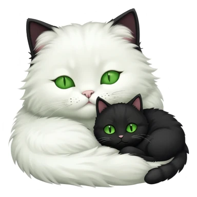 Big black cat with green eyes is sleeping with a small white cat sticker