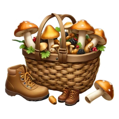 Icon for Mushroom and Berry Tourism: a basket filled with mushrooms chanterelles, boletus and aspen and berries, surrounded by forest elements like trees, leaves and a hiking boots. The icon should capture the joy of foraging in nature. Transparent background. sticker