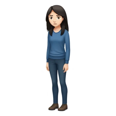 "Cartoon emoji of a woman with long, loose dark hair, wearing plain, simple clothes. Full-height, standing, nervous, unsure, worried expression. Slightly hunched, anxious posture. Smooth, simple, stylized."Eyes looking down or away, avoiding direct contact sticker
