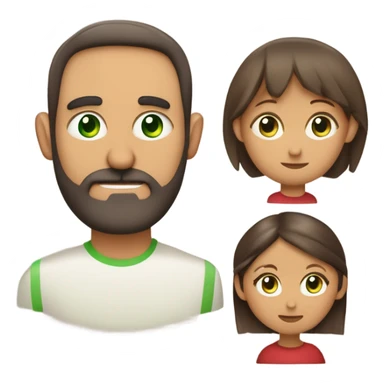 familia de tres personas: una madre de ojos verdes piel clara y pelo rojo rizado, un padre calvo de ojos verdes con barba corta y piel clara, una hija de piel clara ojos verdes con braquets y pelo liso con marrón claro y dos mechones rubios delante sticker