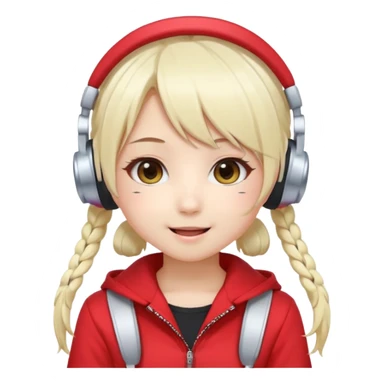 Cute kawaii emoji-style Japanese K-pop singer girl, long platinum blonde hair in twin tails, red outfit, headset mic on cheek, Japanese K-pop idol vibes, big sparkling eyes, chibi proportions, clean lineart, pastel colors, cheerful idol smile, sticker/emoji style, transparent background sticker