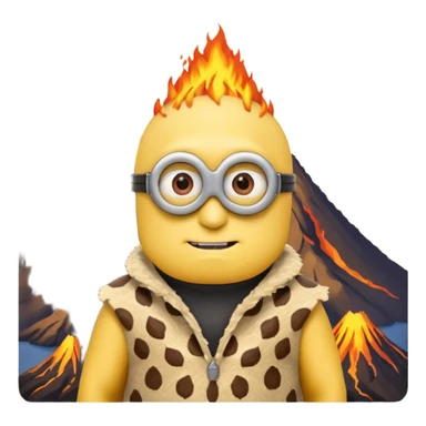 a minion wearing ancient animal skin cloth with volcano behind, half body, icon sticker